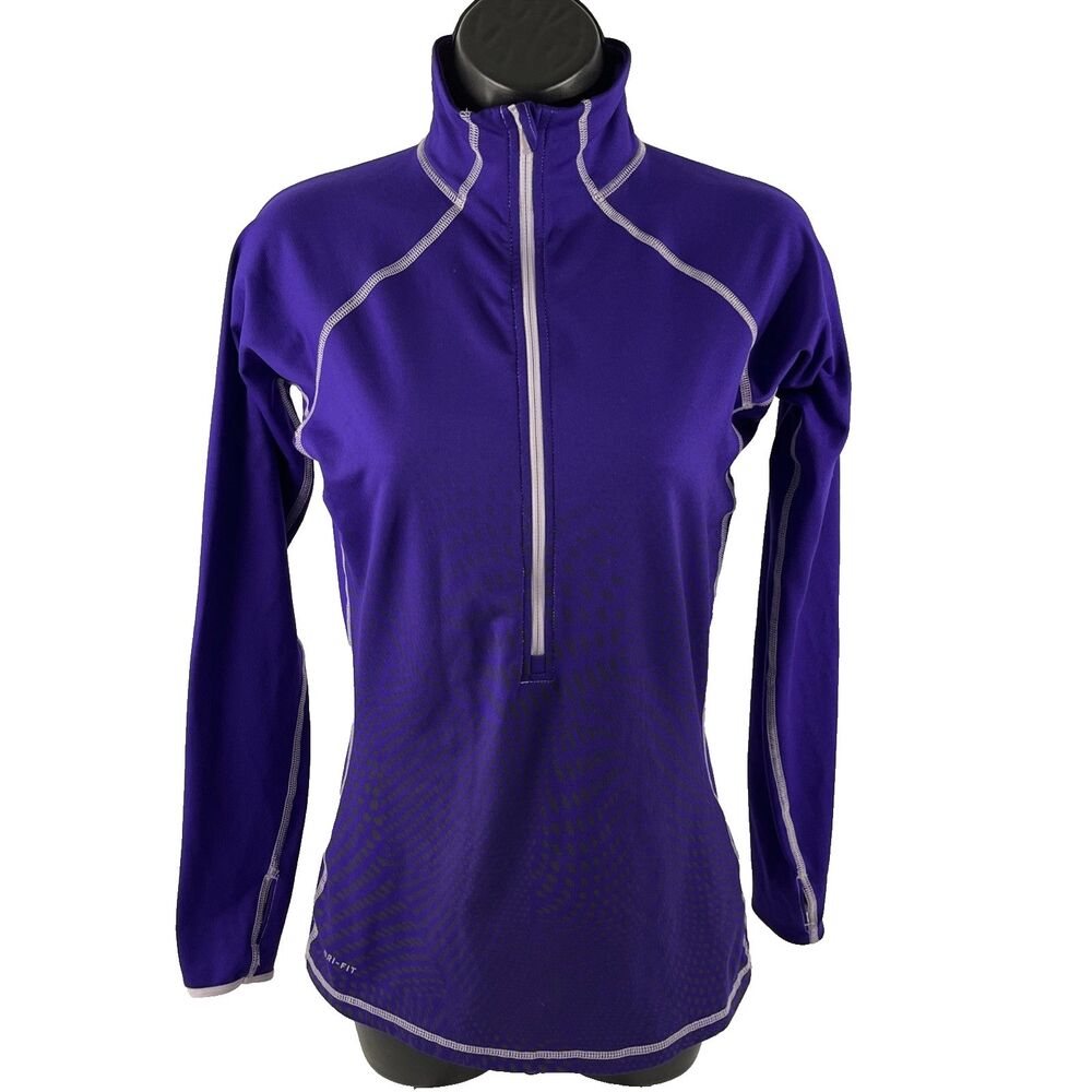 Women’s Nike Pro Dri-Fit‎ 1/2 Zip Pullover LS Shirt Sz S Purple Geometric
